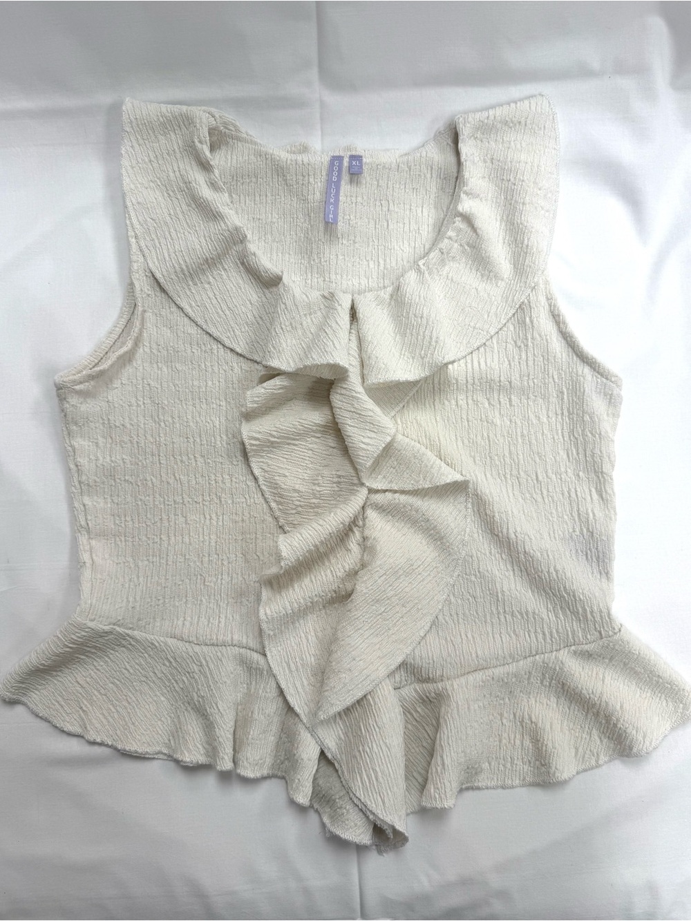 Good Luck Girl White Ruffle Peplum Tank Top XL Textured Sleeveless Blouse‎